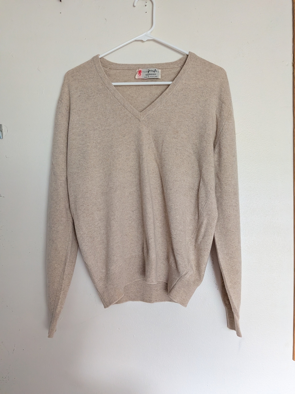Vintage Pringle Women's Cashmere V-Neck Sweater in Light Beige